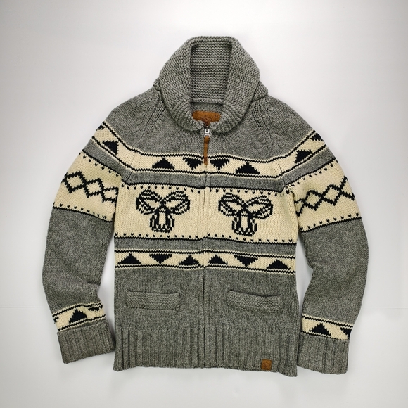 TNA Jackets & Blazers - TNA By Artzia 100% Lambswool Cowichan Knit Sweater Hoodie Grey Cream Native